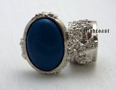 Arty Oval Ring Dark Teal Silver Knuckle Art Chunky Artsy Armor Deco Avant Garde Statement Size 8