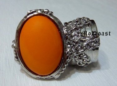 Arty Oval Ring Orange Silver Knuckle Art Chunky Artsy Armor Avant Garde Jewelry Statement Size 8.5