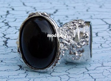 Arty Oval Ring Black Silver Knuckle Art Chunky Artsy Armor Avant Garde Jewelry Statement Size 9