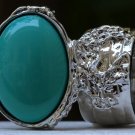Arty Oval Ring Green Teal Silver Knuckle Art Chunky Artsy Armor Avant Garde Statement Size 9