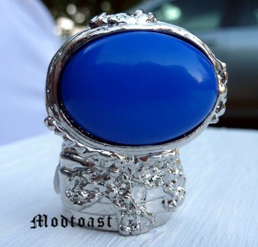 Arty Oval Ring Royal Blue Silver Knuckle Art Chunky Artsy Armor Avant Garde Statement Size 9