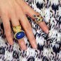Arty Oval Ring Royal Blue Gold Knuckle Art Chunky Artsy Armor Avant Garde Jewelry Statement Size 10