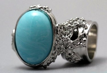 Arty Oval Ring Blue Marble Vintage Swirl Silver Knuckle Art Armor Avant Garde Statement Size 8