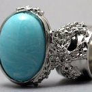 Arty Oval Ring Blue Marble Vintage Swirl Silver Knuckle Art Armor Avant Garde Statement Size 10