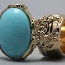 Arty Oval Ring Blue Marble Vintage Swirl Gold Knuckle Art Armor Avant Garde Statement Size 4.5