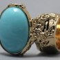 Arty Oval Ring Blue Marble Vintage Swirl Gold Knuckle Art Armor Avant Garde Statement Size 4.5