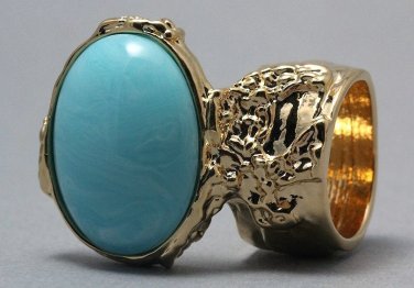 Arty Oval Ring Blue Marble Vintage Swirl Gold Knuckle Art Armor Avant Garde Statement Size 10