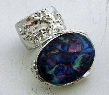 Arty Oval Ring Metallic Swirl Silver Chunky Armor Knuckle Art Designer Style Avant Garde Size 9