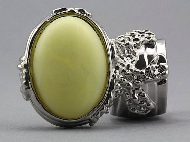 Arty Oval Ring Yellow Silky Matte Vintage Swirl Silver Knuckle Art Avant Garde Statement Size 8