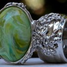 Arty Oval Ring Green Yellow Swirl Silver Vintage Knuckle Art Avant Garde Artsy Statement Size 9