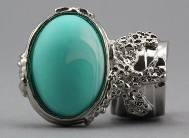 Arty Oval Ring Seafoam White Matte Swirl Silver Knuckle Art Avant Garde Chunky Statement Size 8.5