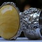 Arty Oval Ring Yellow Marble Swirl Silver Vintage Knuckle Art Avant Garde Chunky Statement Size 9
