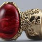 Arty Oval Ring Red Marble Swirl Gold Vintage Knuckle Art Avant Garde Chunky Statement Size 4.5