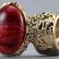 Arty Oval Ring Red Marble Swirl Gold Vintage Knuckle Art Avant Garde Chunky Statement Size 4.5