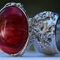 Arty Oval Ring Red Marble Swirl Silver Vintage Knuckle Art Avant Garde Chunky Statement Size 6