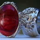 Arty Oval Ring Red Marble Swirl Silver Vintage Knuckle Art Avant Garde Chunky Statement Size 9