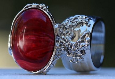 Arty Oval Ring Red Marble Swirl Silver Vintage Knuckle Art Avant Garde Chunky Statement Size 10