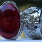 Arty Oval Ring Red Marble Swirl Silver Vintage Knuckle Art Avant Garde Chunky Statement Size 10