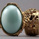 Arty Oval Ring Mint Pearl Gold Vintage Knuckle Art Avant Garde Designer Chunky Statement Size 6