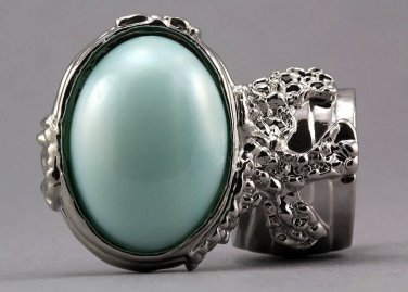 Arty Oval Ring Mint Pearl Silver Vintage Knuckle Art Avant Garde Designer Chunky Statement Size 6