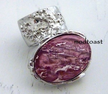 Arty Oval Ring Rose Metallic Iridescent Pink Silver Vintage Knuckle Art Deco Statement Size 5