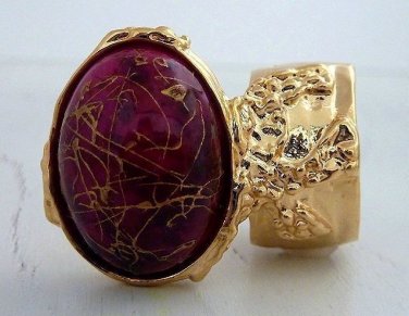 Arty Oval Ring Hot Pink Gold Drizzle Knuckle Art Deco Avant Garde Designer Chunky Statement Size 10