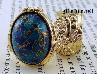 Arty Oval Ring Blue Gold Drizzle Knuckle Art Deco Avant Garde Designer Chunky Statement Size 4.5