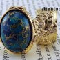 Arty Oval Ring Blue Gold Drizzle Knuckle Art Deco Avant Garde Designer Chunky Statement Size 6