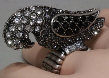 Parrot Bird 3-D Ring Crystals Black Antique Silver Stretch Band Size 6 - 7.5