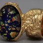 Arty Oval Ring Blue Multi Opal Vintage Glass Gold Artsy Chunky Knuckle Art Statement Size 4.5