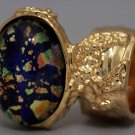 Arty Oval Ring Blue Multi Opal Vintage Glass Gold Artsy Chunky Knuckle Art Statement Size 6
