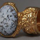 Arty Oval Ring White Marble Glass Gray Black Gold Artsy Chunky Deco Knuckle Art Statement Size 6