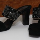 Vaneli Hilary Black Satin Sandals Shoes Womens Dress Slide Heels Beads Ornate Narrow Size 6.5