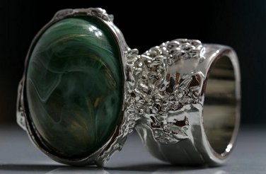 Arty Oval Ring Green Swirl White Gold Silver Chunky Knuckle Art Avant Garde Statement Size 10