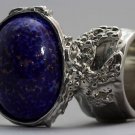 Arty Oval Ring Lapis Dark Blue Vintage Glass Gold Flecks Silver Chunky Knuckle Art Size 8