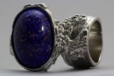 Arty Oval Ring Lapis Dark Blue Vintage Glass Gold Flecks Silver Chunky Knuckle Art Size 8