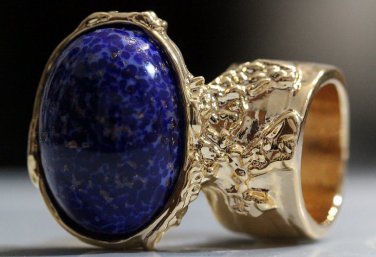 Arty Oval Ring Lapis Dark Blue Vintage Glass Gold Flecks Chunky Knuckle Art Statement Size 6