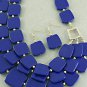 Blue Tiles Necklace & Earrings Set Long Layered Beads Gold Crystal Accents Chunky Statement