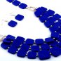 Blue Tiles Necklace & Earrings Set Long Layered Beads Gold Crystal Accents Chunky Statement