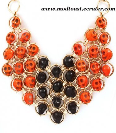 Skull Bib Necklace Orange Black Gold Statement Day of the Dead Dia de Los Muertos