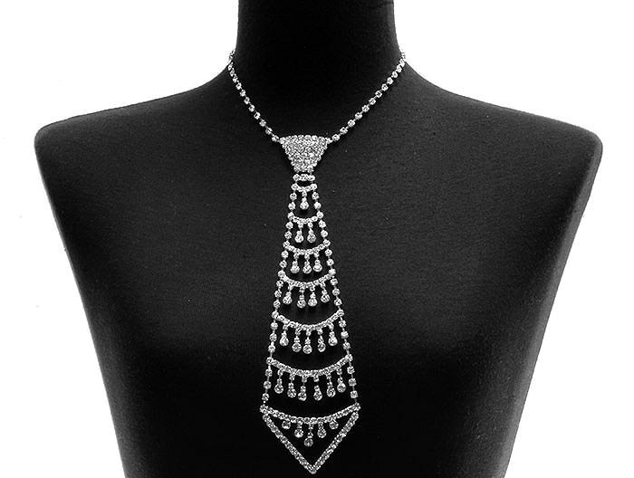 Rhinestone Tie Necklace Silver Fashion Woman Metal Large Necktie Jewelry