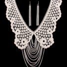 Lace Collar Draping Chains Bib Necklace Earrings Set Women Silver Ivory Fabric