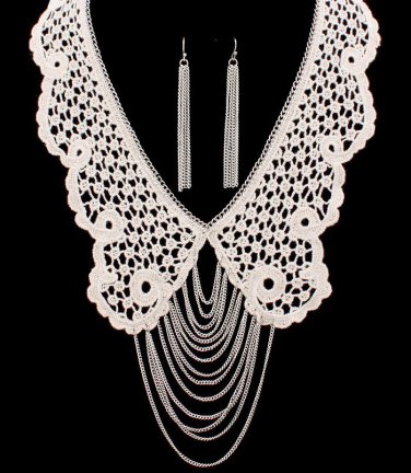Lace Collar Draping Chains Bib Necklace Earrings Set Women Silver Ivory Fabric