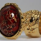 Arty Oval Ring Red Wine Gold Drizzle Knuckle Art Deco Avant Garde Designer Chunky Statement Size 6