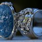Arty Oval Ring Blue Glitter Opal Vintage Designer Silver Chunky Armor Knuckle Art Statement Size 9