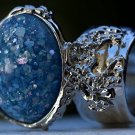 Arty Oval Ring Blue Glitter Opal Vintage Designer Silver Chunky Armor Knuckle Art Statement Size 8.5