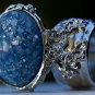 Arty Oval Ring Blue Glitter Opal Vintage Designer Silver Chunky Armor Knuckle Art Statement Size 5