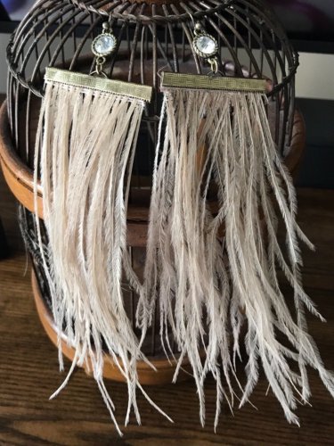Long Boho Feather Earrings Light Brown Neutral Crystal Hippie Bohemian Gypsy 6.5 Inch Drop