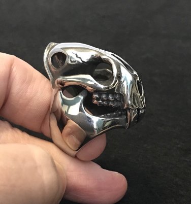 Smilodon Tiger Cat Skull Saber Tooth Mens Statement Ring Silver Stainless Steel  Size 14