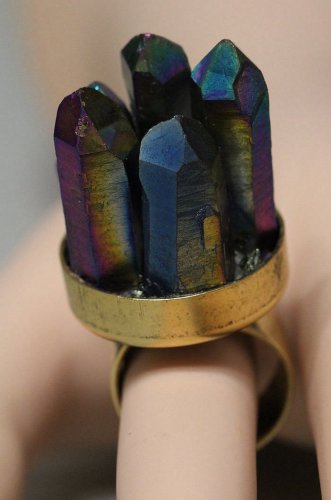 Titanium Rainbow Druzy Ring Antique Gold Crystal Quartz Points Drusy Boho Statement